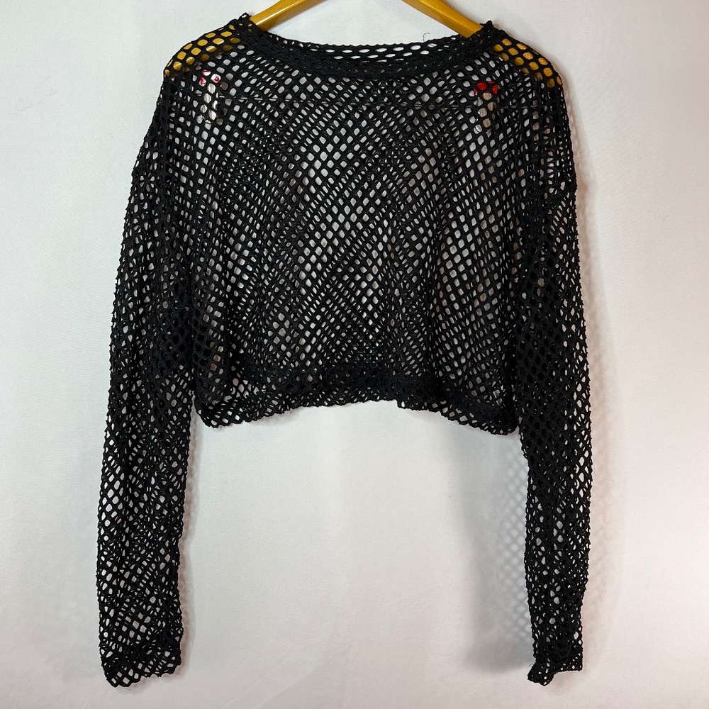 SHEIN Curve Women's 2XL | XX Large Black Fishnet Mesh Long Sleeve Crop Top